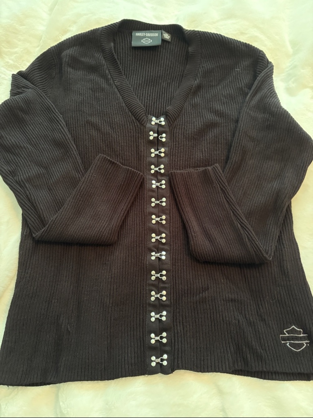 Harley-Davidson Black Ribbed Knit Cardigan with Silver Hook Closures Womens 2XL